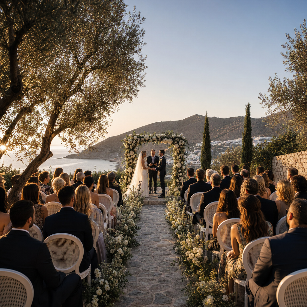 Outdoor wedding ceremony in a Greek garden at golden hour
