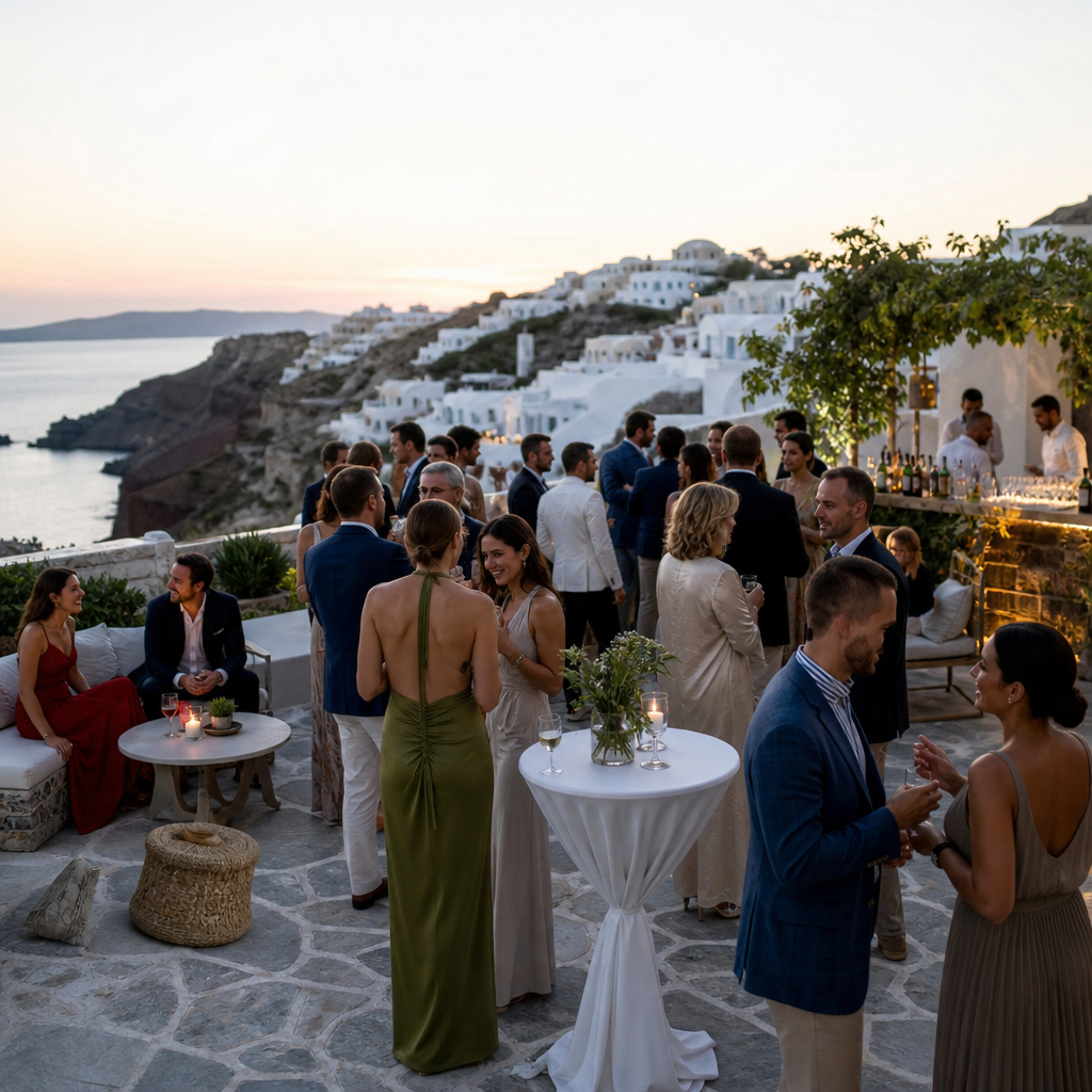 From Ceremony to Celebration: How Event Flow Shapes the Entire Experience Cocktail reception on a stone terrace with guests mingling