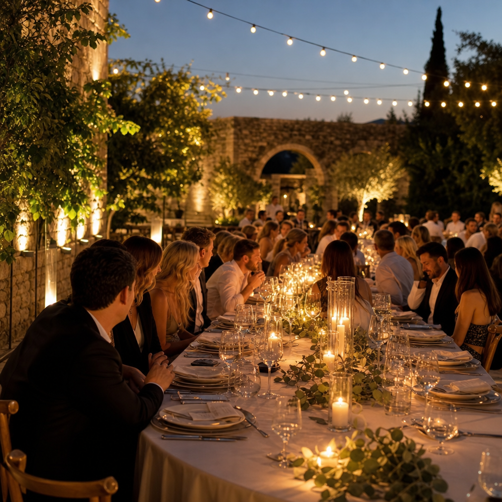 From Ceremony to Celebration: How Event Flow Shapes the Entire Experience Long candlelit dinner tables in a courtyard at dusk