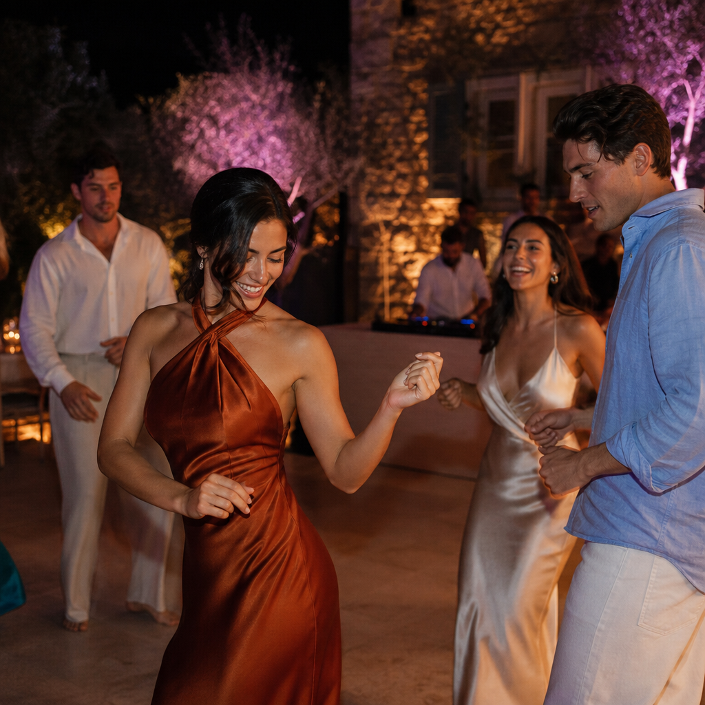 From Ceremony to Celebration: How Event Flow Shapes the Entire Experience Guests dancing at an outdoor evening celebration after dinner