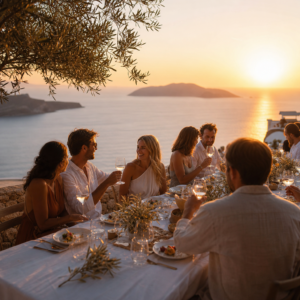 Destination celebration dinner on a seaside terrace in Greece at sunset