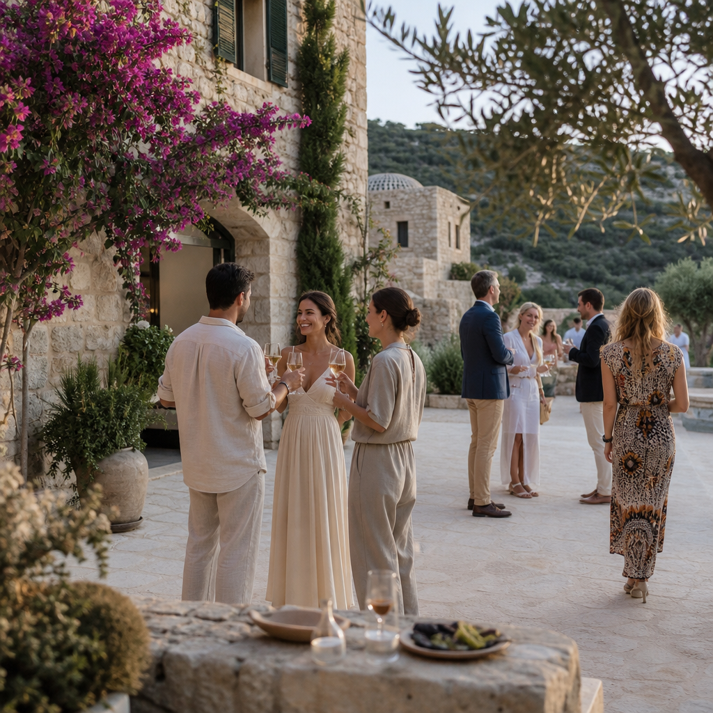 World Tourism Day: Why Greece Is Made for Destination Celebrations Welcome gathering for destination wedding guests at a Greek estate