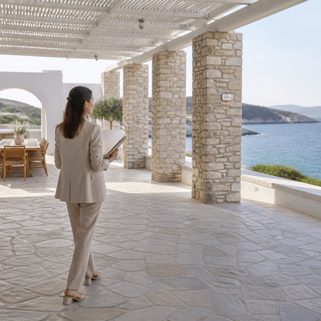 How to Choose the Right Venue for Your Event in Greece Event planner assessing a seaside venue terrace in Greece