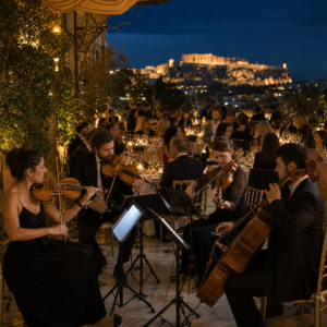 Live string quartet performing at an elegant evening event